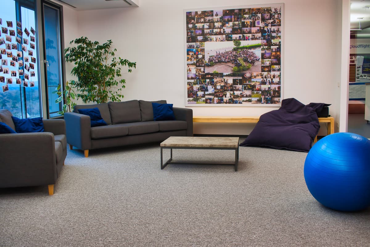 Cozy common room with couch and table