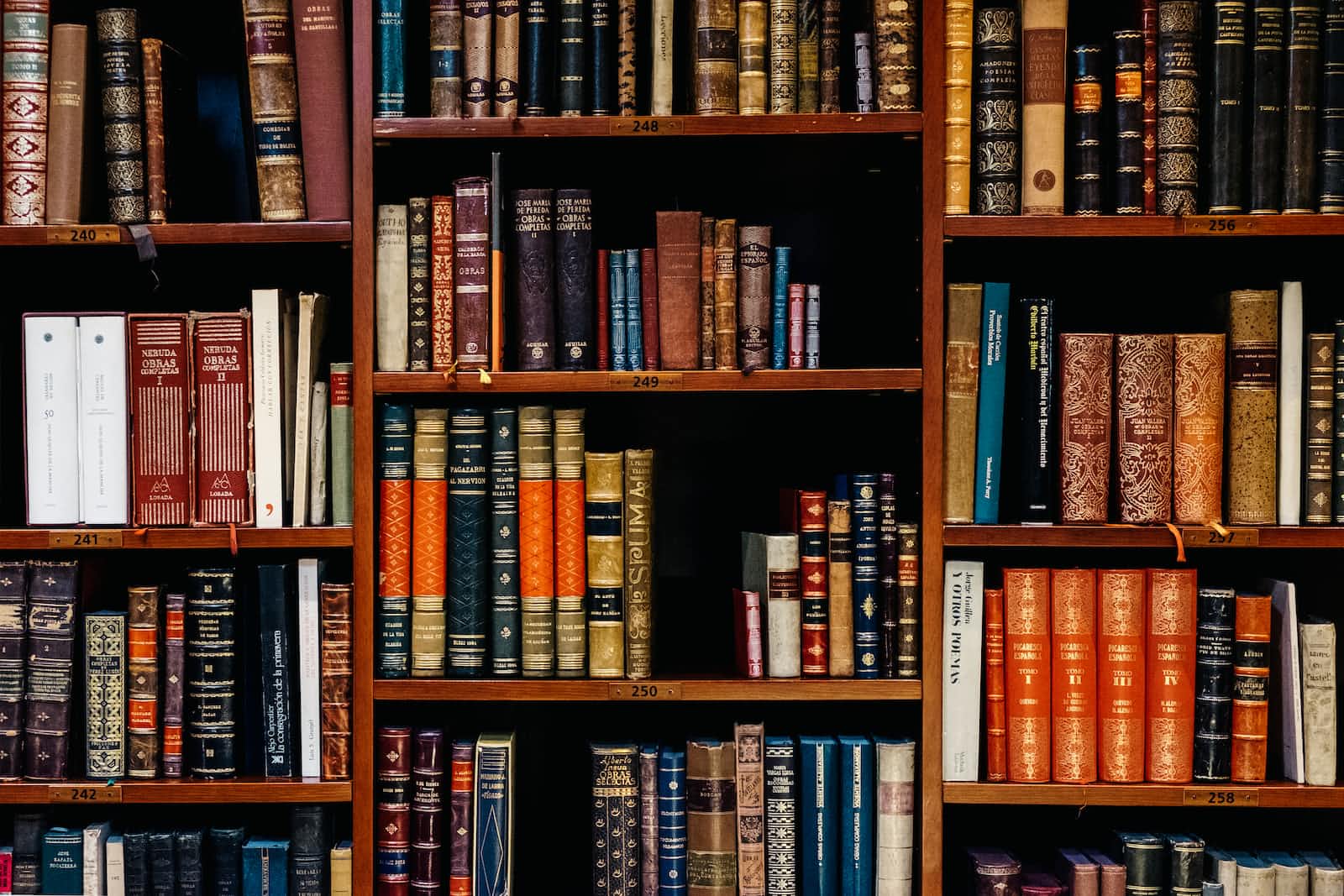 Bookshelves filled with various old and colorful hardcover books stacked vertically and horizontally, creating a cozy and classic library atmosphere reminiscent of a well-organized folder structure.