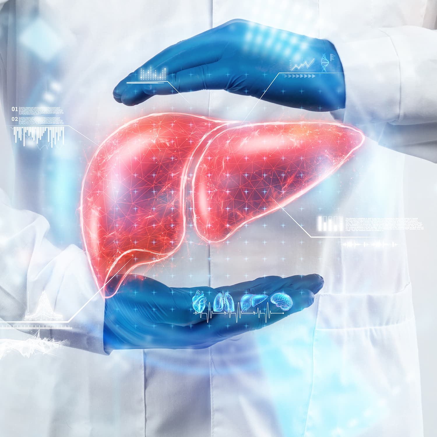 The doctor looks at the Liver hologram, checks the test result on the virtual interface, and analyzes the data. Liver disease, donation, innovative technologies, medicine of the future.