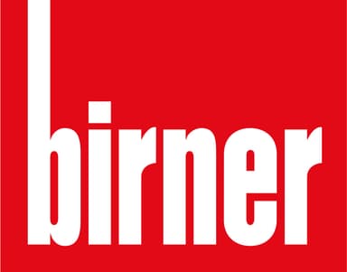 White lowercase letters spelling birner on a red background, with an extra-tall letter b extending to the top edge, evoking the precision and innovation found in LKUF AI Solution Data Processing.