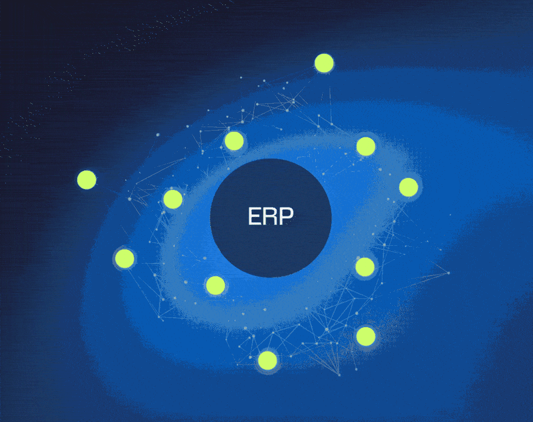 An ERP label centered in a dark blue circle surrounded by a network of glowing yellow dots connected by white lines, representing an S/4HANA migration.