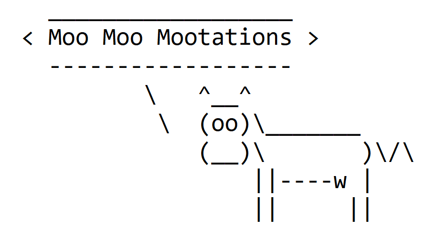 ASCII art of a cow with the caption Moo Moo Mootations above it. Perfect for illustrating concepts like Handling Mutations, the cow has a face, horns, and a tail made with keyboard characters, and stands under a line of dashes.