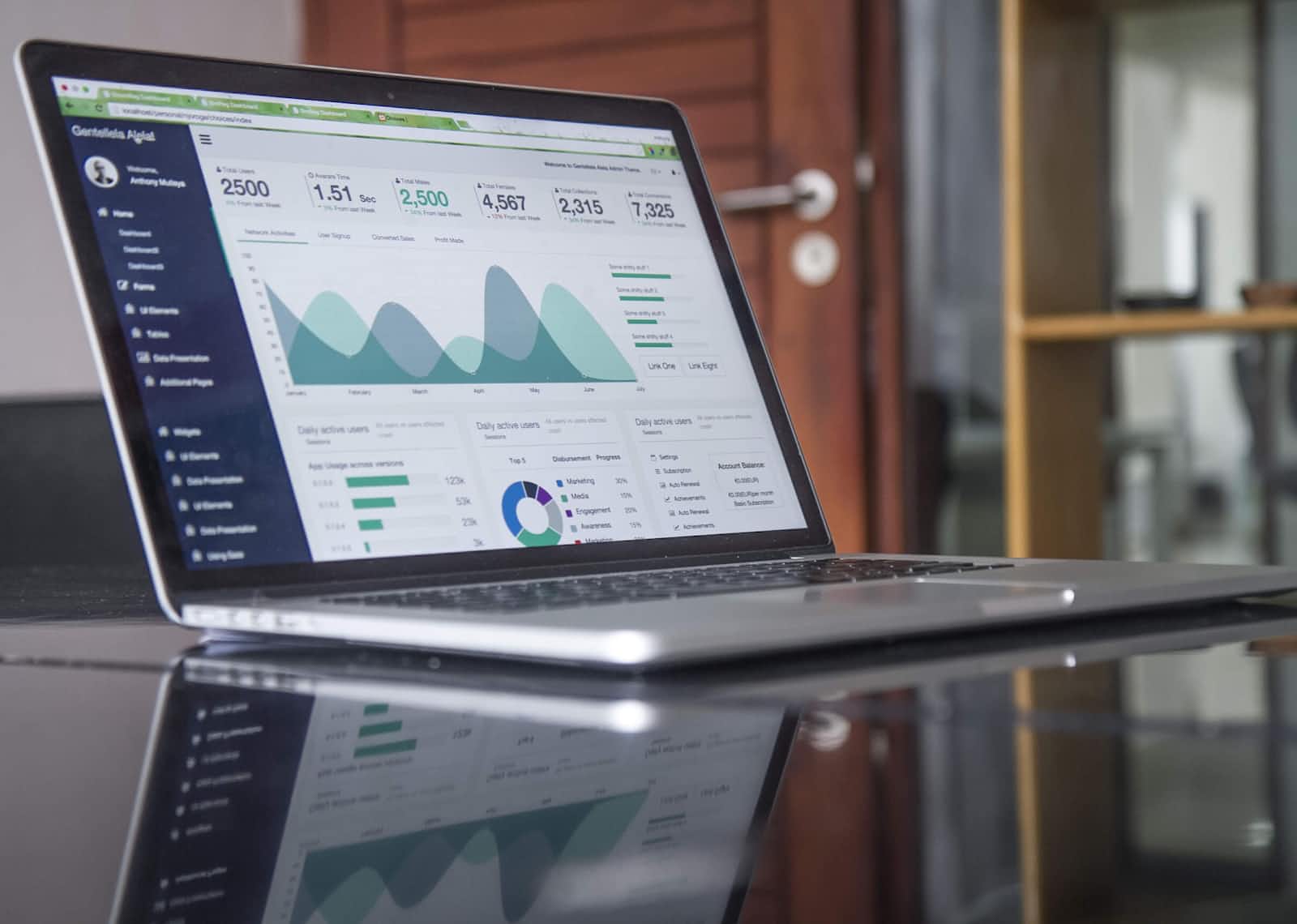A laptop on a reflective table displays a dashboard with charts, graphs, and various statistics, indicating data analysis or business metrics powered by Microsoft Power Platform. The background shows a wooden door and shelves.