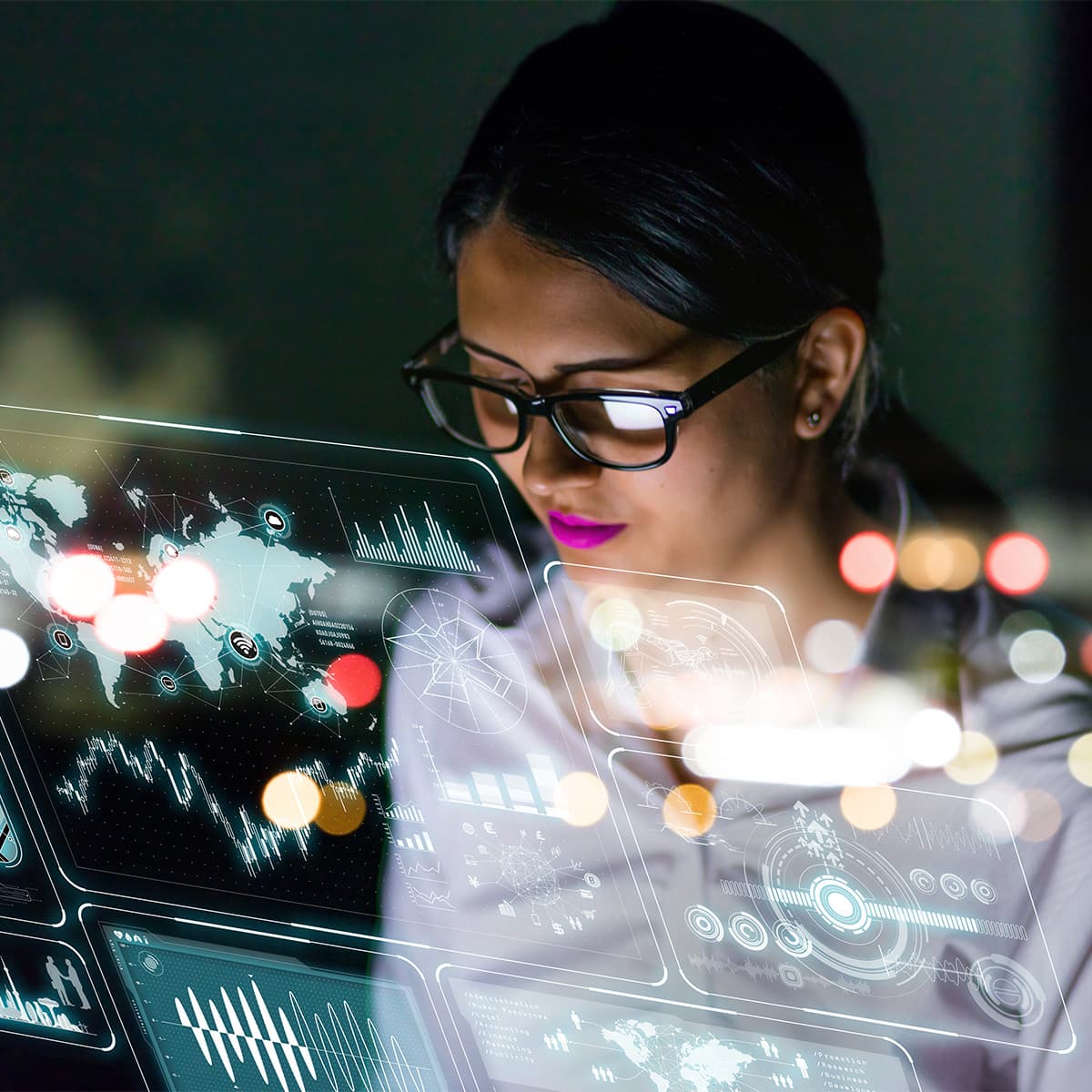 Business woman looking at interface screen