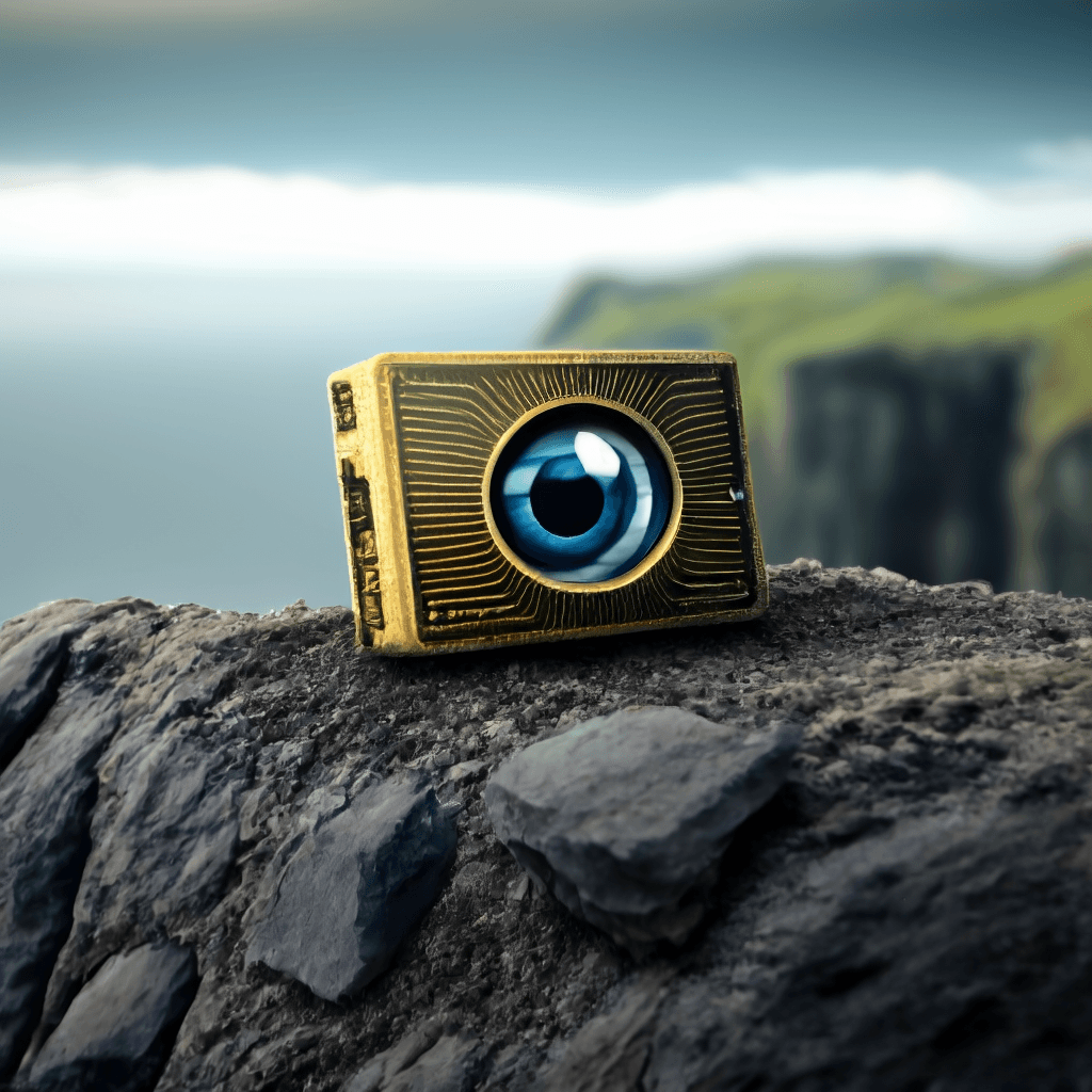 A golden box with a large blue eye design sits on a rocky surface, overlooking blurred cliffs and the ocean in the background—an embodiment of advanced Edge Solutions, reminiscent of technologies like Quantized YOLO watching over remote landscapes.