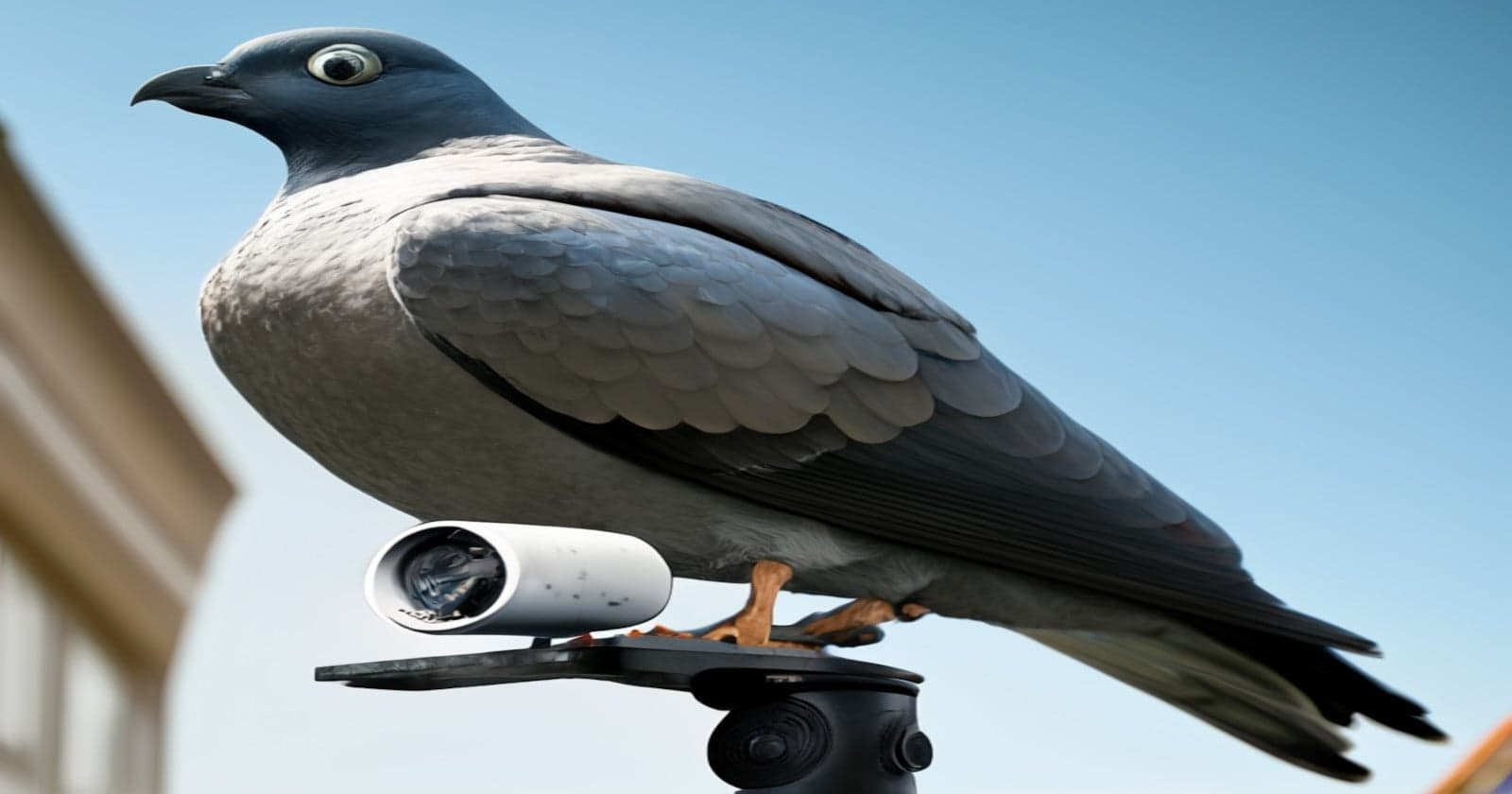 A fascinating example of urban wildlife, this pigeon—with a camera lens for one eye—perches confidently on a security camera against a blue sky background, subtly highlighting the adaptability of pigeons and their unique bird behavior in city environments.