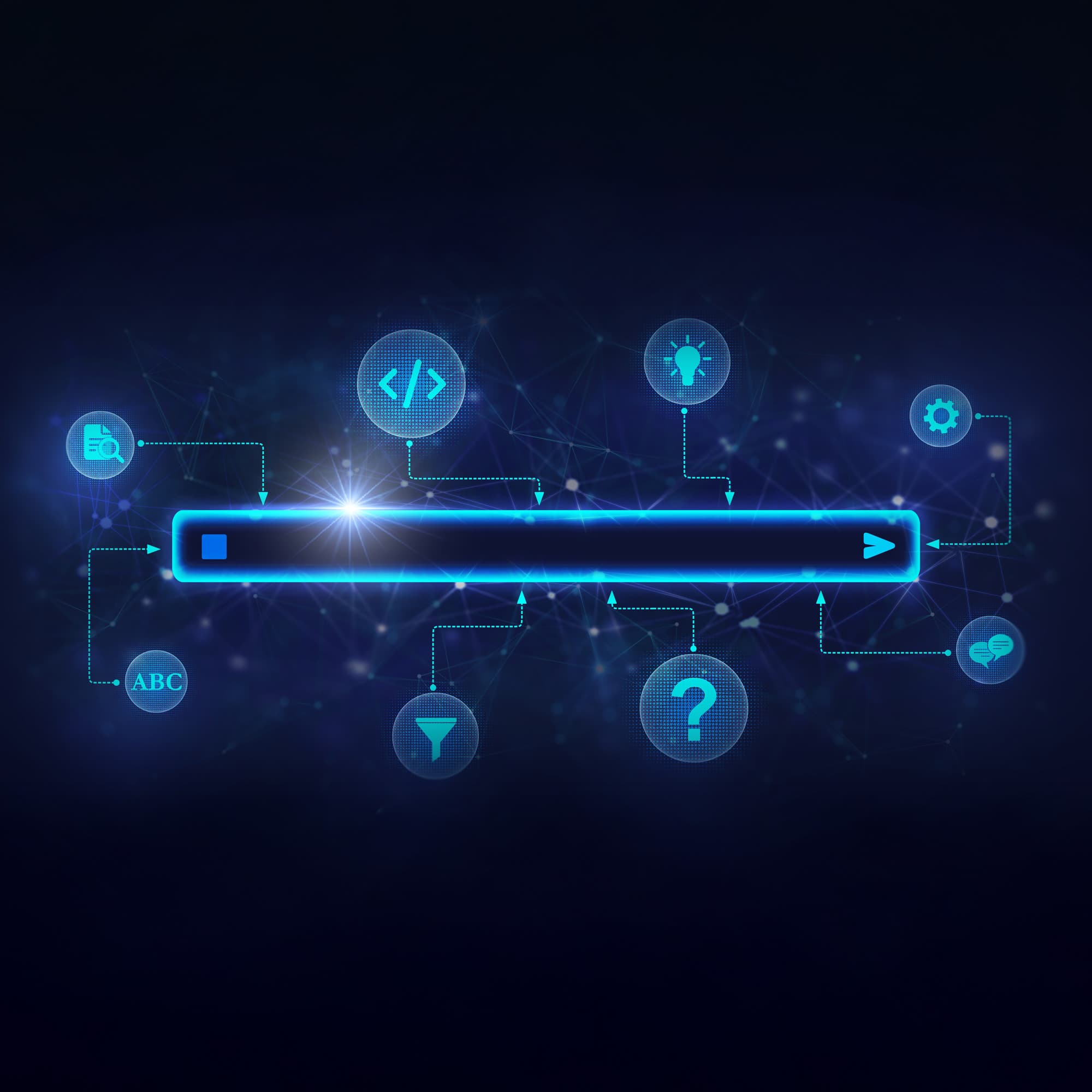 A glowing search bar in the center, surrounded by icons for ideas, code, settings, funnel, language, and communication—set against a dark digital background with connected lines and dots—represents advanced multilingual semantic search within modern semantic search systems.
