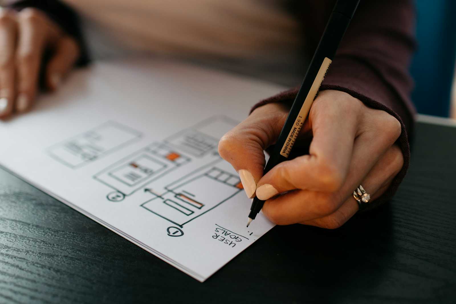 Close-up of a person writing with a pen on paper, sketching a website or app wireframe. The hand is drawing boxes and labeled sections focused on UX Writing, and the paper is on a dark table—highlighting the planning process for effective business applications.