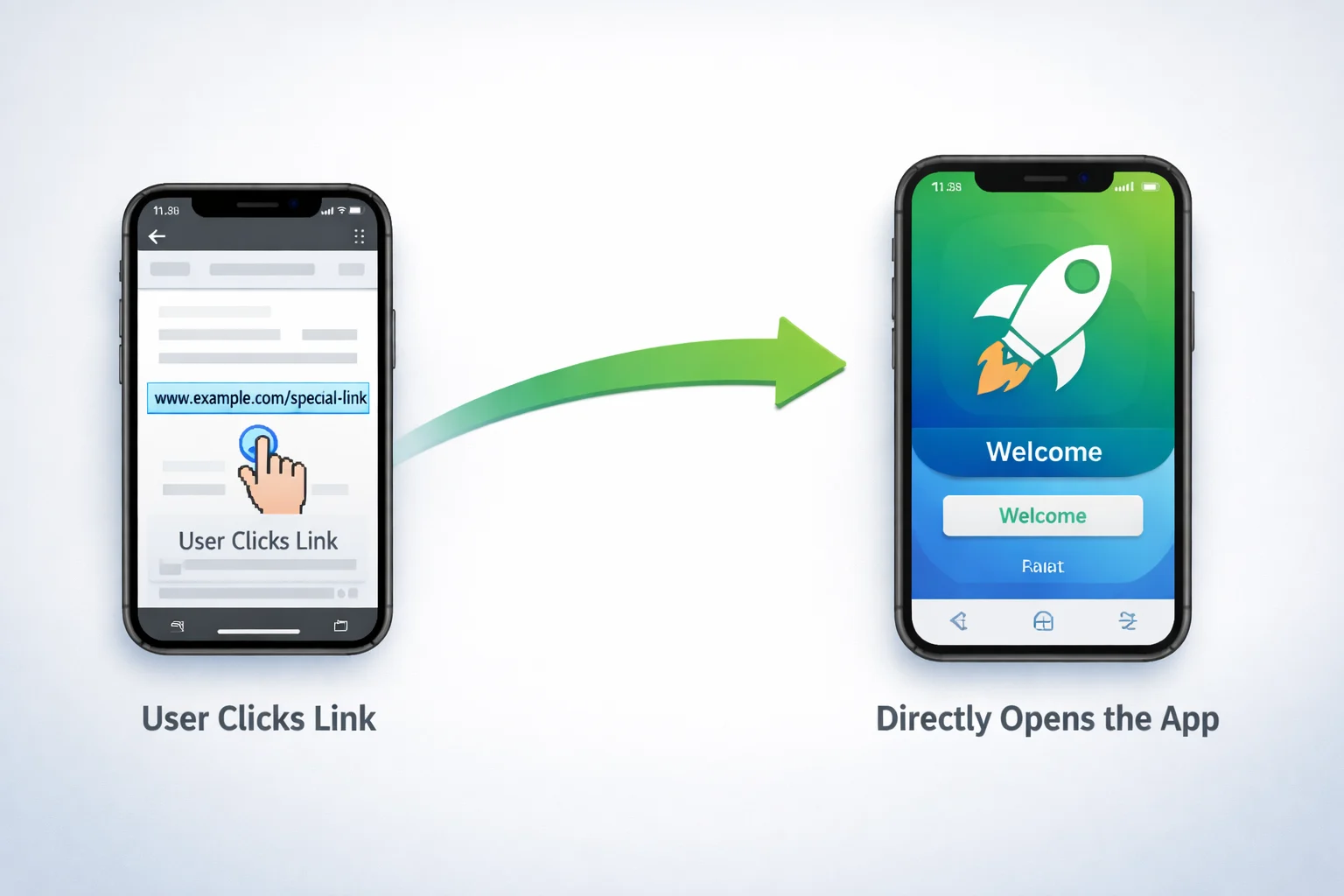 Two smartphones: the first, running iOS, shows a finger tapping a Universal Link on a web page; the second displays an app home screen built with React Native, featuring a rocket icon and “Welcome.” A green arrow points from the first phone to the second.