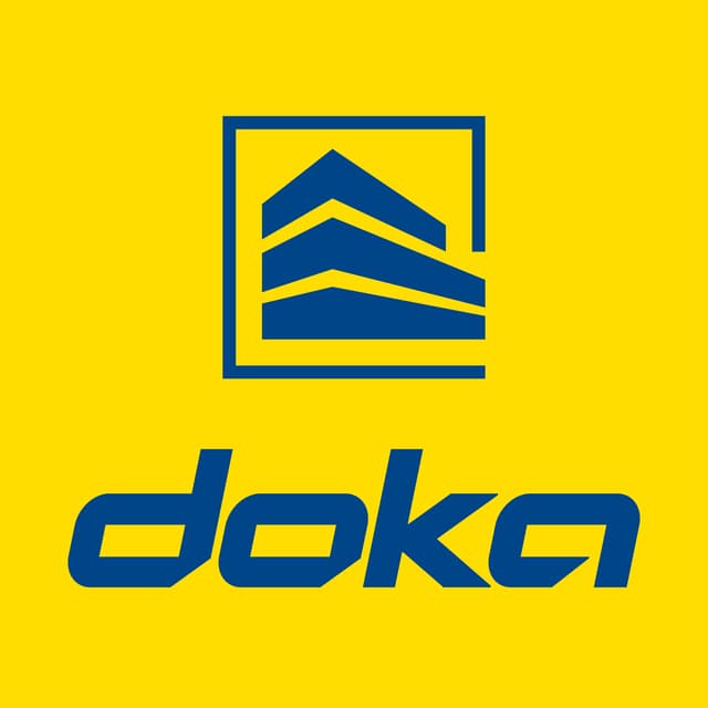 Blue geometric logo resembling stacked shapes inside a square, with the word doka in bold blue lowercase letters below, all set against a bright yellow background.
