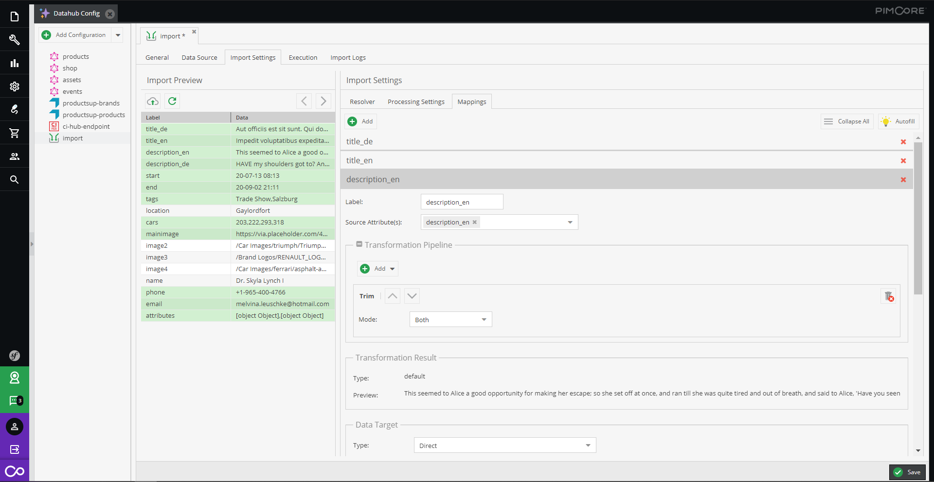 Pimcore data importer view