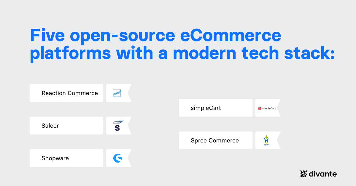 5 open-source eCommerce platforms with a modern tech stach: Reaction Saleor Shopware SimpleCart Spree