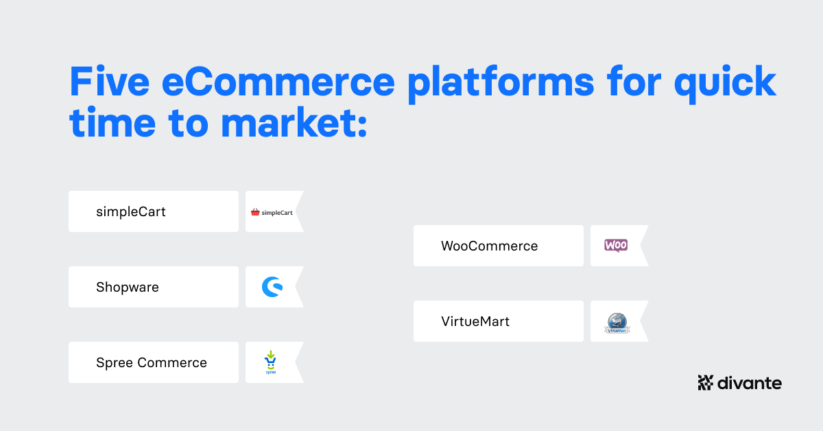 5 open-source eCommerce platforms for a quick time to market: SimpleCart Shopware Spree Woo Virtue Mart