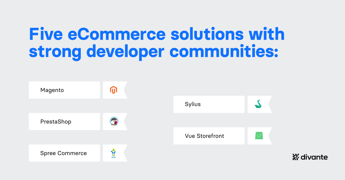 5 open-source eCommerce platforms with strong developer communities Magento PrestaShop Spree Commerce Sylius Vue Storefront