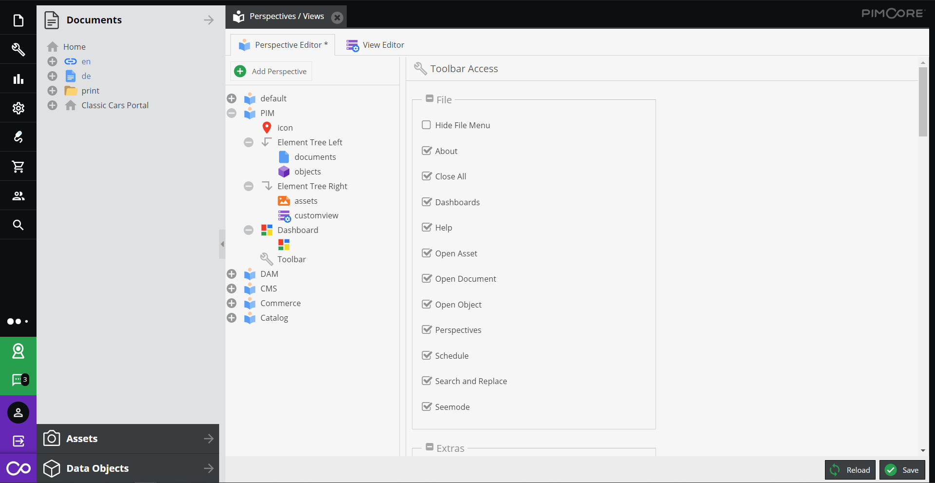 Pimcore perspective editor